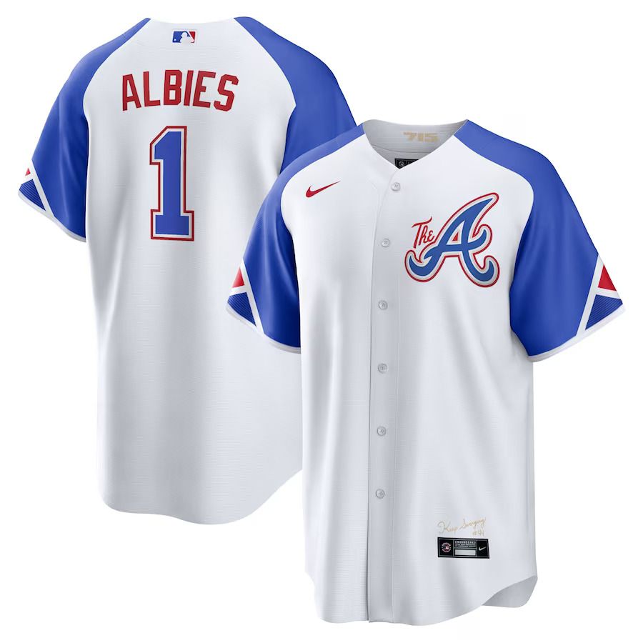 Men Atlanta Braves 1 Ozzie Albies Nike White 2023 City Connect Replica Player MLB Jersey